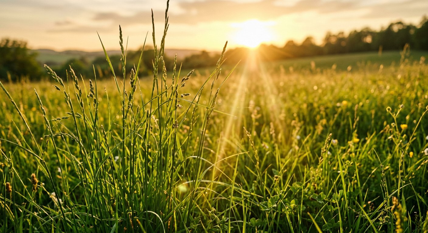 Solen lyser över grönt gräs