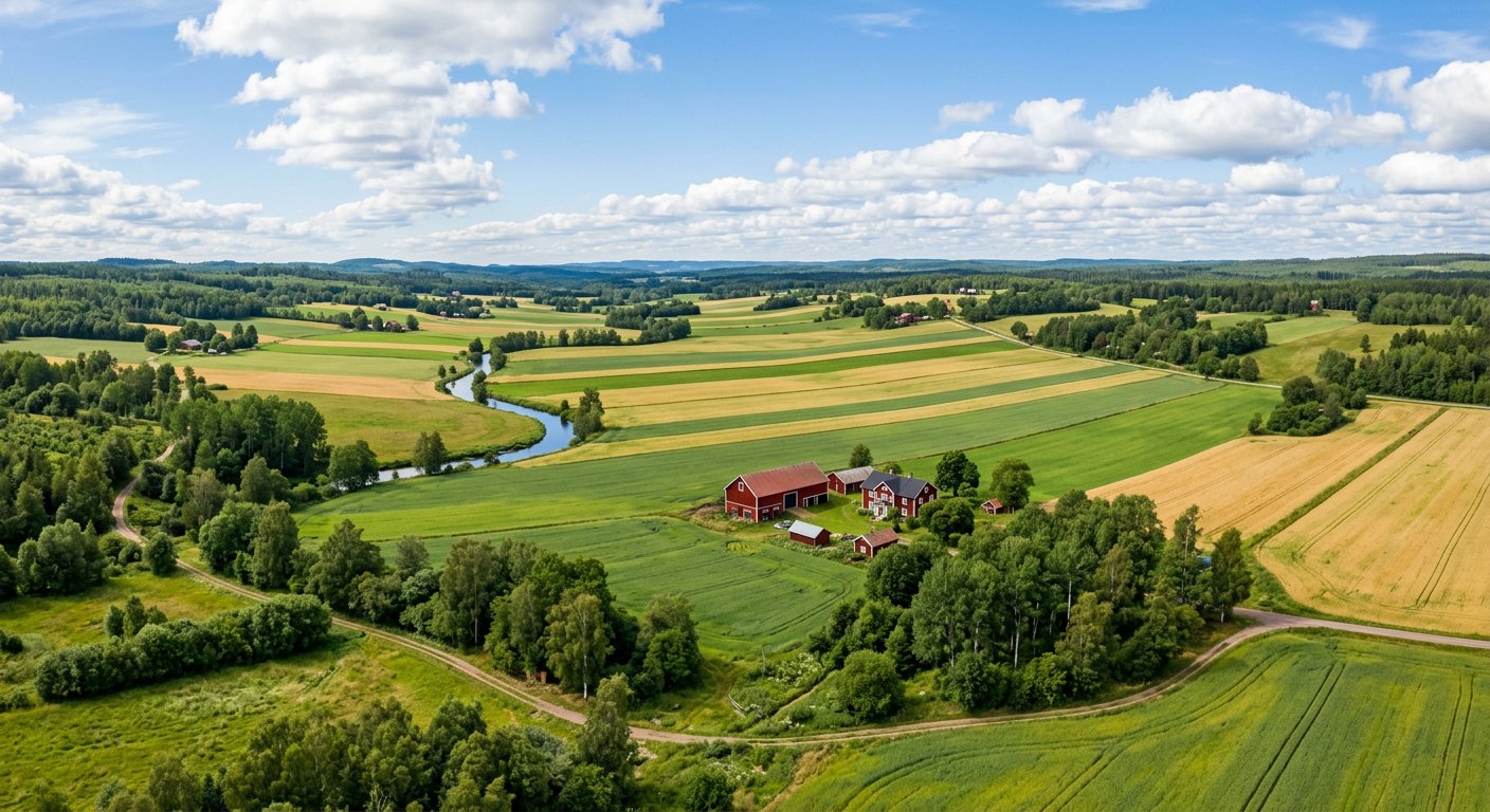 Ett svenskt odlingslandskap med fält, röd lada och en å som slingrar sig fram