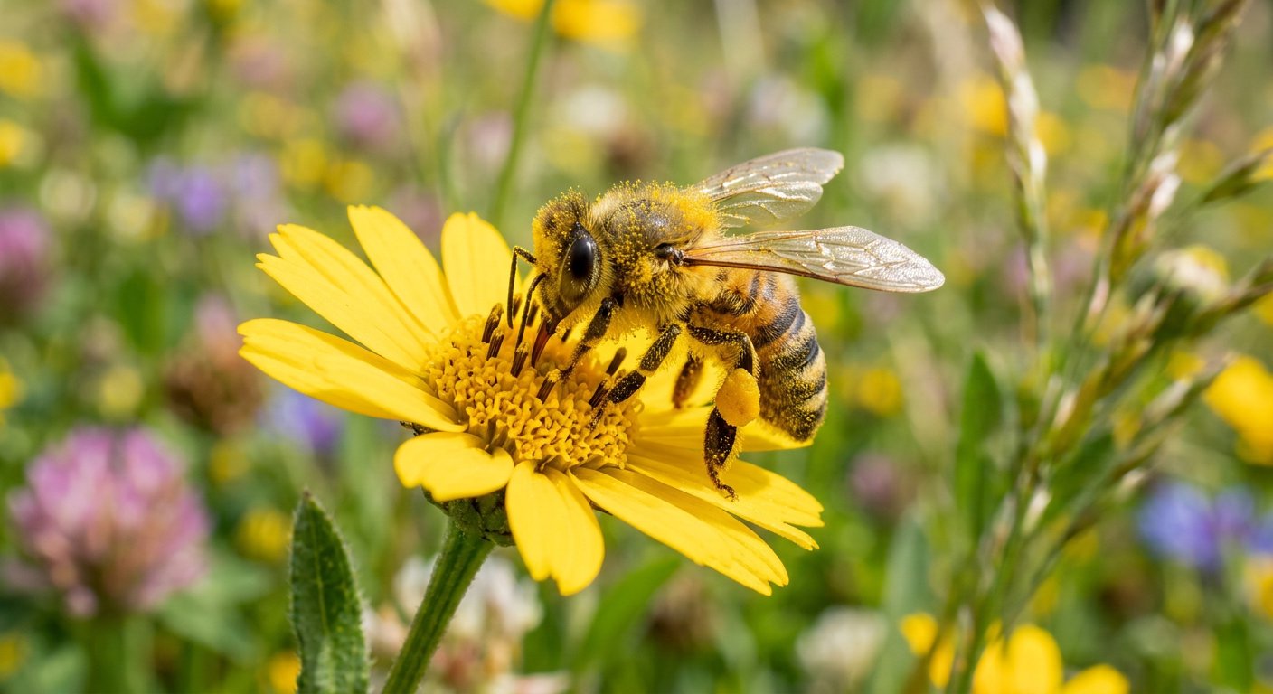 Ett bi som samlar pollen på en gul blomma